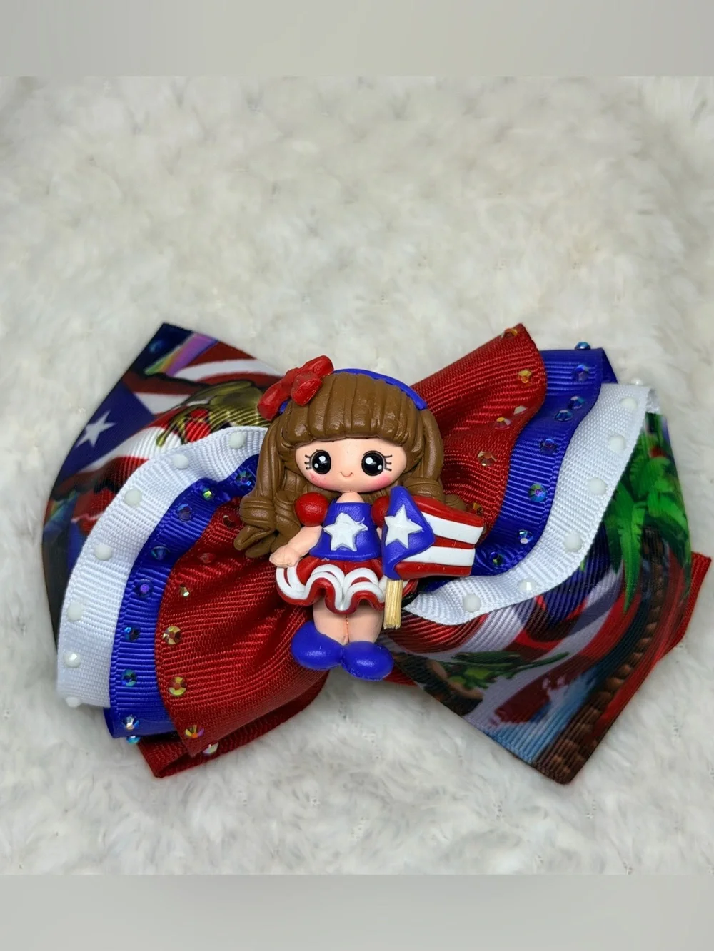 Puerto Rican Girl Ribbon Hair Bow - Red, White & Blue Kids Accessory